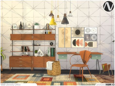 The Sims Resource - Mid Century Modern | Beverly Office Sims Mid Century Modern, Sims 4 Cc Mid Century Modern, Sims 4 Cc Mid Century, Sims 4 Mid Century Cc, Sims 4 Mid Century Modern, Living Room Sims 4, Furniture Cc, Cc Patreon, Mid Century Wallpaper