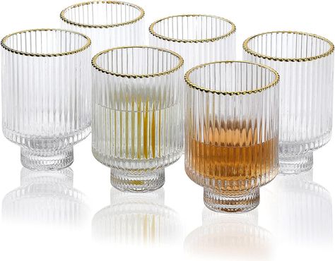 G Meridian Tumbler Glasses set of 6, 11.5 oz Clear with Gold Rim Durable Drinking Highball Cup for Water Soda Juice Milk Coke Beer Spirits Iced Beverage Vintage Style Home Office Desk Everyday Use Bedside Water, Bedside Water Carafe, Bedside Carafe, Glass Cup Set, Water Carafe, Drinking Glass Sets, Highball Glass, Glass Cups, Iced Drinks