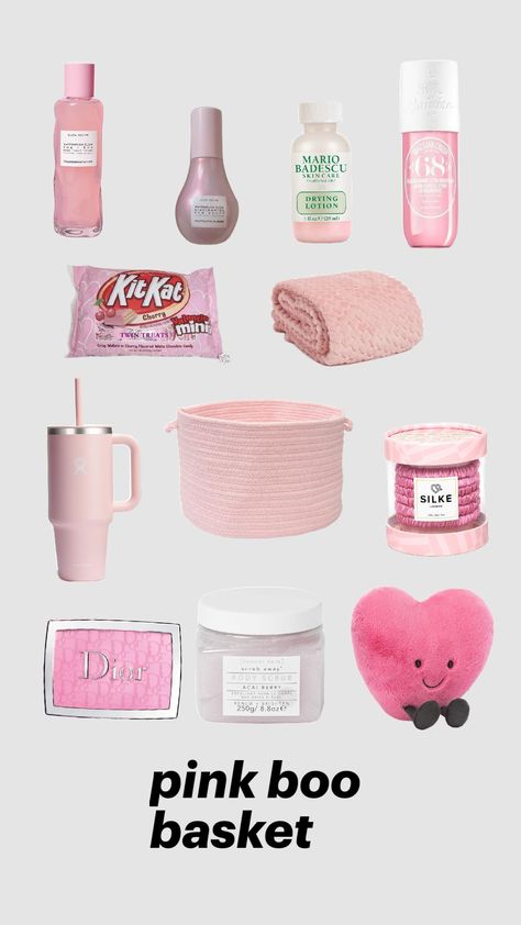 pink gift/ boo basket Pinks Gifts, Pink Boo Basket Ideas, Color Themed Gift Baskets Pink, Pink Boo Basket, Pink Snack Basket, Pink Themed Gift Basket, Burrr Basket, Preppy Basket, Bae Baskets