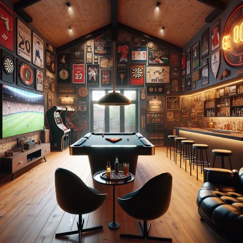 Enjoy game-night in a spacious, well-lit man cave, featuring sports memorabilia walls, a sleek pool table, and a well-stocked bar. Rest in black leather recliners and catch the game on a large TV. The wooden floors and high ceiling add a rustic charm. #mancave #gameroom #homebar #leatherrecliners #sportslounge #arcadestation Black Basement, Bar Lounge Room, Billiards Bar, Black Leather Recliner, Pool Table Room, Bar Shed, Pool Room, Loft Ideas, Large Tv