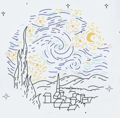 Van Gogh Line Art Tattoo, Starry Night Simple Drawing, Van Gogh Simple Drawing, Starry Night Minimalist Tattoo, Line Art Van Gogh, Line Art Drawings Simple, Starry Night Line Art, Starry Night Embroidery, Radiant Tattoo