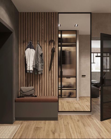 Coat Room Ideas, Hall Furniture Design, Coat Rack Ideas, Modern Hallways, Loft Style Apartment, Hallway Decoration, Modern Hall, House Redesign, Hall Furniture