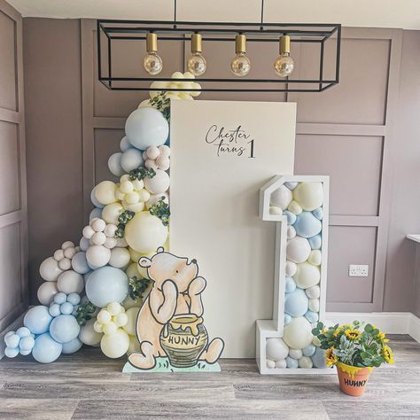 C h e s t e r T u r n s O n e | 🍯 Chester is celebrating turning one today surrounded by family for a party at home. So we created a… | Instagram Decoration Ideas Party 1 Year, Winnie The Pooh First Birthday Backdrop, Winnie The Pooh Backdrop 1st Birthdays, Winnie The Pooh Birthday Backdrop, Compleanno Winnie The Pooh, Winnie The Pooh Birthday Party Ideas, Winnie The Pooh 1st Birthday, 1st Birthday Backdrop, Baby Boy Birthday Themes