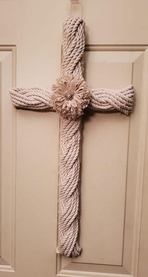 Dollar Tree Cross, Cross Wreaths, Cross Wreath Diy, Rope Cross, Nautical Diy, Cross Wreath, Cross Crafts, Crafts For Seniors, Nautical Rope