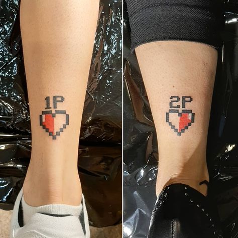 Gamer Couple Tattoos Ideas, Matching Tattoos Couples Gaming, Video Game Sibling Tattoos, Video Game Couple Tattoos, Gamer Matching Tattoos, Video Game Matching Tattoos, Matching Gamer Tattoos, Matching Gaming Tattoos, Matching Video Game Tattoos