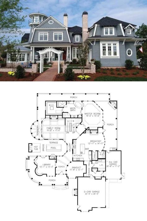 Cape Cod Style 5-Bedroom 2-Story House Plan with Captain’s Walk and Lighthouse Cape Cod House Plans Open Floor, Large Cape Cod House Plans, Coastal Mansion Floor Plan, Cape Cod Mansion Floor Plan, Coastal Cape Cod House Exterior, Coastal Farmhouse Floor Plans, Coastal House Floor Plans, Cape Cod Floor Plans, Cape Cod Mansion