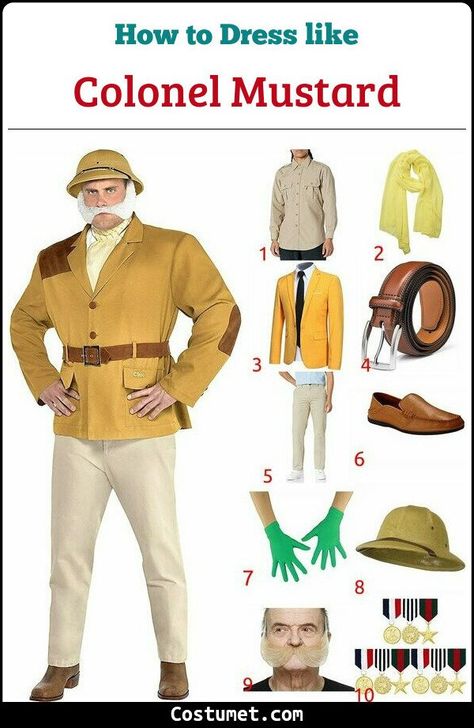 Colonel Mustard (Clue) Costume for Cosplay & Halloween Clue Characters Halloween Costume, Men Halloween Costumes 2022, Clue Characters Costume, Clue Character Costumes, Clue Props, Clue Costume Ideas, Colonel Mustard Clue, Clue Characters, Clue Costume