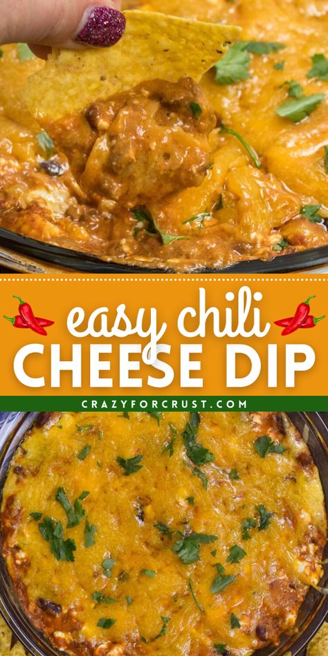 Looking for fun party snacks? Serve up this homemade chili cheese dip! 3 ingredients are all you need in this easy appetizer recipe for a crowd. So gooey and sinfully good, this cheesy chili dip is one of the best game day recipes! Easy Chili Cheese Dip, Dipping Recipes, Cheesy Dips, Lazy Food, Chili Cheese Dip, Cheese Dips, Cheesy Appetizer, Chili Cheese Dips, Chili Dip