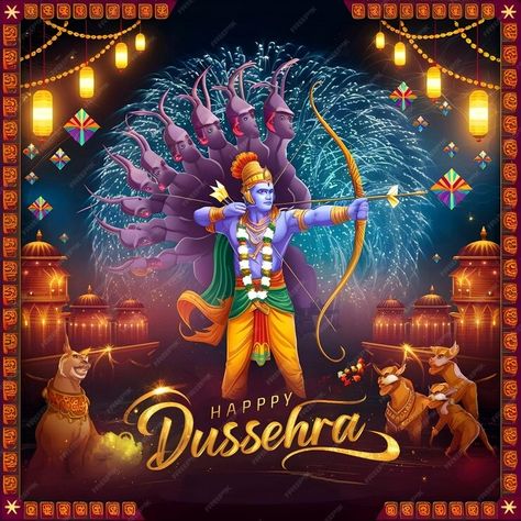 A poster for happy navrat with a man holding a bow and a banner that says happy dussehra | Premium AI-generated image Dussehra Wishes, Happy Dussehra, Hindu Festivals, Bts J Hope, Graphic Resources, A Man, Hold On, Stamp, Bts