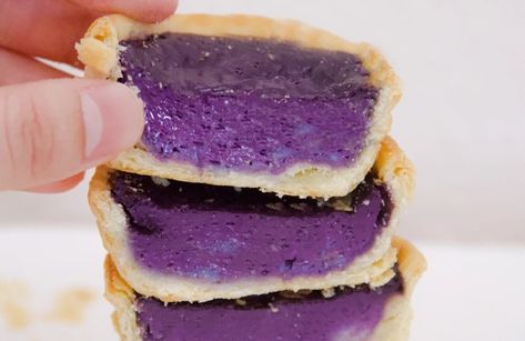 Ube Egg Tarts – breadbaby Ube Tarts Recipe, Ube Custard Pie, Ube Tart Recipe, Ube Tart, Ube Bread Recipe, Ube Bread, Ube Dessert Recipe, Ube Extract, Pudding Tart