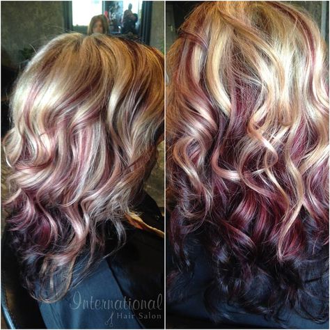 Awesome colors Blonde Hair With Red Violet Highlights, Wine And Blonde Hair Color, Violet Lowlights In Blonde Hair, Burgundy Highlights On Blonde Hair, Hair Color Ideas For Women In Their 40's, Blonde Hair With Burgundy Highlights, Burgundy Lowlights In Blonde Hair, Burgundy Blonde Balayage, Blonde Burgundy Hair