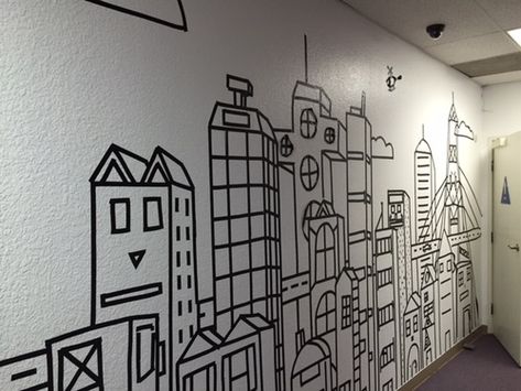 Tape Mural, Washi Tape Wall Decor, Imaginary City, Skyline Mural, Washi Tape Wall, Paint My Room, Office Mural, Office Wall Design, Tape Wall