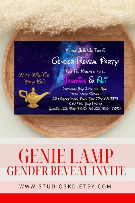 Aladdin Gender Reveal Party Invitation Aladdin Gender Reveal, Aladdin Theme, Simple Gender Reveal, Creative Gender Reveals, Gender Reveal Unique, Gender Reveal Themes, Gender Reveal Party Invitations, Genie Lamp, Gender Reveal Decorations