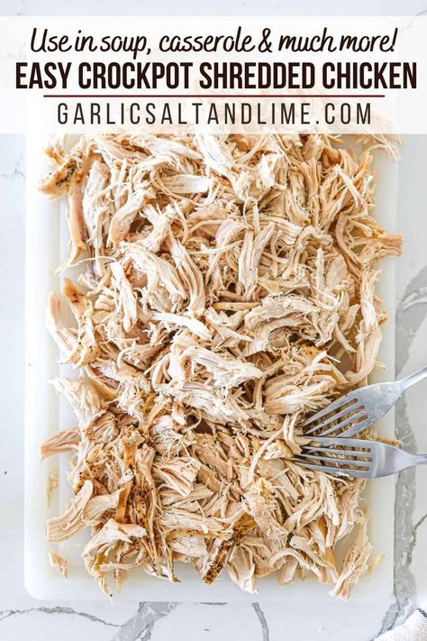 Simple crockpot shredded chicken is the easiest way to shred chicken in bulk for use in endless recipes. It's delicious, juicy and super easy to shred because it almost falls apart after hours in the slow cooker! Store in the freezer for up to 4 months and use in all your favorite recipes like soup, casseroles, tacos, enchiladas, fajitas, nachos, baked pasta dishes and so much more. Make it plain or add salsa/barbecue sauce or any condiment you like! Plain Shredded Chicken Crockpot, Chicken In Crockpot For Shredding, Shredded Chicken Fajitas Crockpot, Crockpot Shredded Barbecue Chicken, Mexican Shredded Chicken Crockpot, Shredded Bbq Chicken Crockpot, Shredded Chicken Recipes Crockpot, Crockpot Shredded Chicken Recipes, Frozen Chicken Crockpot Recipes