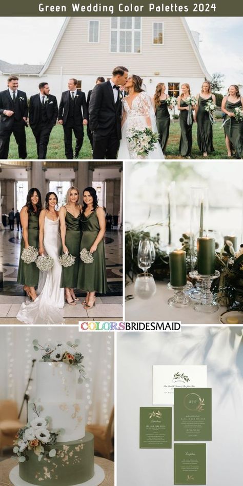 Fall Olive Green Wedding, Christian Wedding Theme Color Palettes, Summer Green Wedding Colors, White And Olive Green Wedding, Black Groom And Groomsmen, Sage Green Fall Wedding, Wedding Color Schemes Green, Green Wedding Palette, Green Fall Weddings