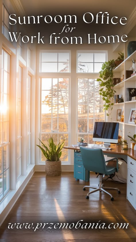 Create a sunroom home office that captures the essence of the fall season. Use a cozy office setup with natural light flooding through large windows and autumnal decor to enhance your workspace. Add comfy seating, warm colors, and cozy room decor for an inviting and productive environment. Perfect for those who want to enjoy the fall season indoors. #Sunroom #CozyOfficeSetup #FallSeason #NaturalLight #AutumnalDecor #WarmAutumnColors #HomeOfficeIdeas #CozyRoomDecor #HomeOfficeSetup #HomeDecor Sunroom Office And Sitting Room, Sunporch Office Ideas, Screened In Porch Office, Four Seasons Room Office, Home Office In Conservatory, Add On Office To House, Desk In Sunroom, Sun Porch Office, Small Sunroom Office Ideas