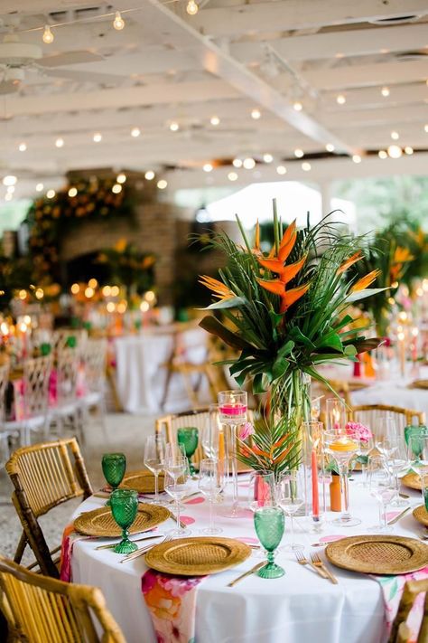 Havana Nights Table Settings, Wedding Tablescapes Round, Mackey House, Tropical Wedding Centerpieces, Tropical Bridal Bouquet, Tropical Table, Round Wedding Tables, Décor Table, Bright Wedding Colors