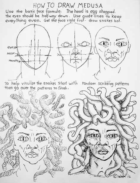 Medusa How to Draw Medusa Worksheet How To Draw Medusa, How To Draw Medusa Step By Step, Medusa Painting, Medusa Face, Medusa Drawing, Medusa Hair, Elementary Art Lesson Plans, Art Learning, 8th Grade Art