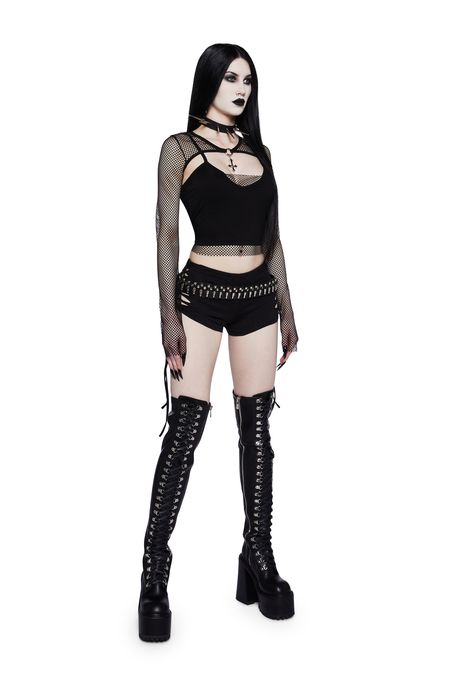 cuz you’re a band tour babe. This set has a stretchy fishnet construction, a shrug with o-ring hardware, a cross charm, and a cami top with adjustable shoulder straps and fishnet lining. Hot Goth Outfits, Japanese Punk Fashion, Alt Dresses, Heavy Metal Lover, Butterfly Boots, Japanese Punk, Iridescent Butterfly, Metal Outfit, Gothic Punk Fashion