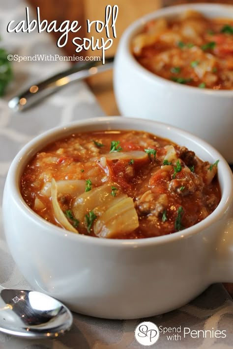 Cabbage Roll Soup Pin it to your DINNER BOARD to save it for later! Follow Spend With Pennies on Pinterest for more great tips, ideas and recipes! I love cabbage rolls and there are so many great ways to make them quickly including Cabbage Roll Casserole (which can also be made in the slow cooker)! This is another fast and simple way to serve up cabbage rolls!  Just brown your meat, throw everything in the pot and let simmer (slow cooker  {Read More} Slow Cooker Cabbage Rolls, Cabbage Roll Casserole, Cabbage Roll Soup, Cabbage Roll, Spend With Pennies, Cabbage Rolls, Cabbage Recipes, Goulash, Bowl Of Soup