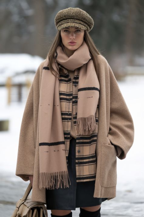 Stay warm and stylish this winter with a chic layered outfit featuring a plaid button-up, oversized camel coat, and matching scarf. The look is completed with trendy accessories like a textured cap and a structured handbag, adding a sophisticated touch to the cozy ensemble. This combination of textures and neutral tones ensures both warmth and fashion-forward style, perfect for cold-weather outings. Cap And Scarf Outfit, Plaid Scarf Outfit, Oversized Camel Coat, Layered Outfit, 10 Ways To Wear, Wear A Scarf, Winter Layers, Ways To Wear A Scarf, Scarf Outfit