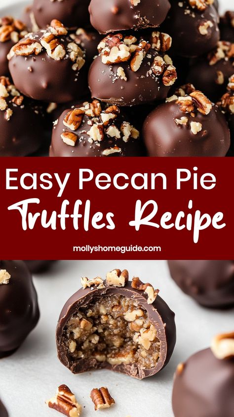 Indulge in the richness of these pecan pie truffles! A delightful combination of sweet and nutty flavors that will satisfy any craving. Perfect for holiday gatherings or as a special treat for yourself. These bite-sized treasures are easy to make and even easier to enjoy. Elevate your dessert game with these irresistible pecan pie truffles that are sure to impress everyone at the table. Say goodbye to boring sweets and hello to a new favorite dessert that will leave you wanting more. No Bake Pecan Pie Truffles, Butter Pecan Truffles, Pecan Christmas Desserts, Pecan Pie Decoration, Pecan Pie Truffles Recipe, Pecan Pie Bites Easy, Heath Desserts, Pecan Truffles, Pecan Dessert Recipes