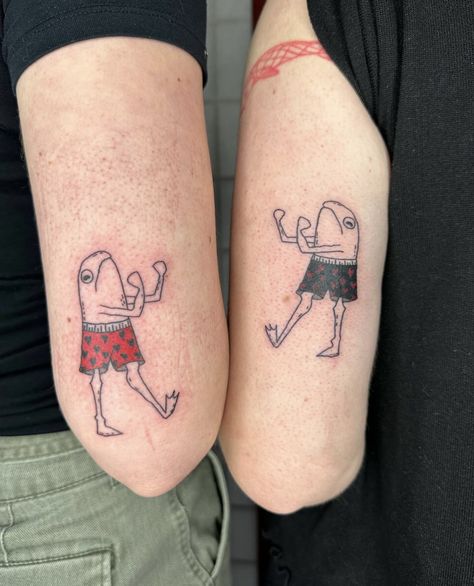 Cool Tattoos For Sisters, Best Friend Sibling Tattoos, Tattoo Ideas For Two Sisters, Sibling Duo Tattoo, Male Sibling Tattoos, Unhinged Best Friend Tattoos, Cool Matching Tattoos Family, Fnaf Matching Tattoos, Unique Bsf Tatoos