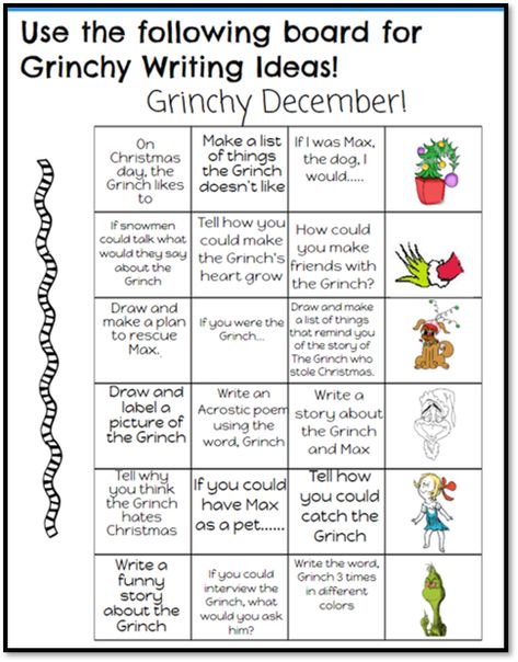 Grinchy Writing Prompts! Grinch Reading Activities, Holiday Writing Activities, Grinch Writing Prompts, Words For Writing, Christmas Writing Prompts For Kids, Christmas Opinion Writing, Christmas Writing Prompts First Grade, Middle School Writing Activities, Holiday Writing Prompts