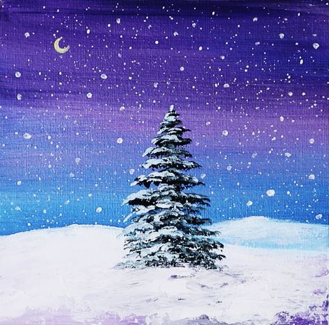 Acrylic Painting Tutorial For Beginners #39 Winter Night Acrylic Painting, Snow Landscape Painting Winter Scenes, Winter Canvas Ideas, Easy Snow Painting, Aesthetic Christmas Cartoon, Winter Landscape Painting Acrylic Easy Tutorial, Christmas Scenery Paintings Easy, Snow Painting Easy, Easy Winter Scenes To Paint