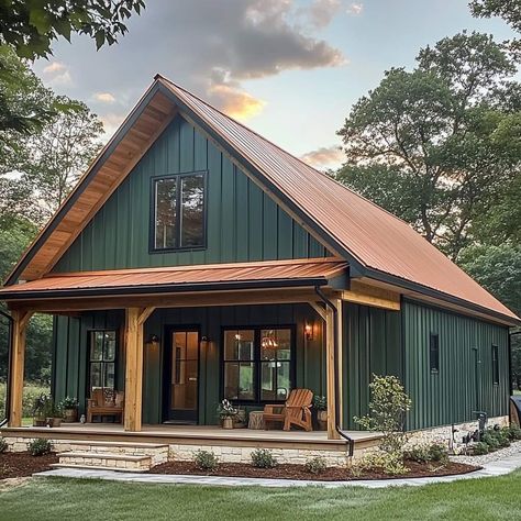 Green House With Copper Roof, Metal House Color Schemes, Forest Green Barndominium, Amish Built Homes, Brown Metal Roof, Copper Roof House, Retirement House Plans, Metal Building House Plans, Barn House Interior