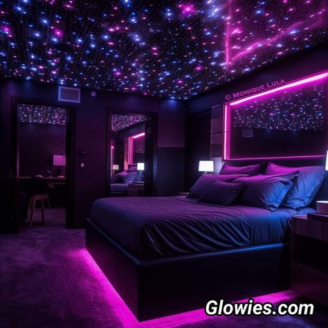 Purple And Black Bedroom, Dark Purple Room, Black Modern Bedroom, Luxurious Modern Bedrooms, Starry Ceiling, Lavender Bedroom, Lavender Wallpaper, Gamer Bedroom, Neon Bedroom