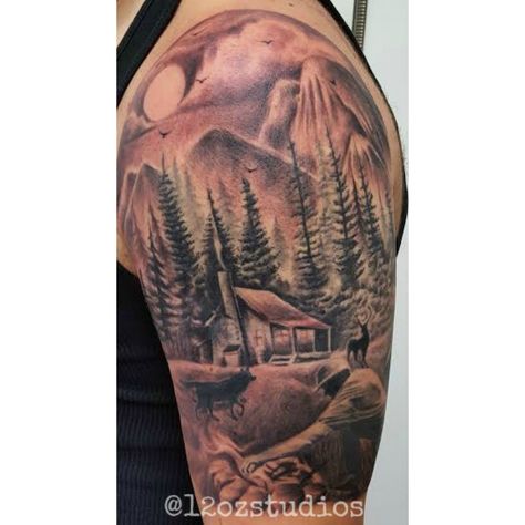 Finished shot of this beautiful nature outdoor scene cabin camp fire trees mountains male half sleeve tattoo by Kevin Soto. Mountain Sleeve Tattoo, Cabin Tattoo, Sun Ideas, Natur Tattoo Arm, Outdoor Tattoo, Scenery Tattoo, Camping Tattoo, Unique Half Sleeve Tattoos, Browning Tattoo