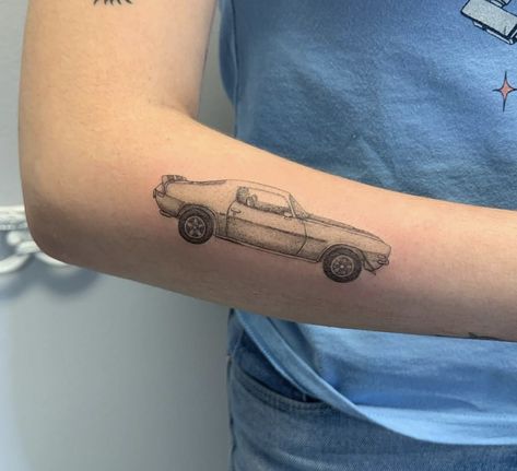 68 Fastback Tattoo, 67 Mustang Tattoo, Mustang Outline Tattoo, Car Tattoo Placement, Old Car Tattoo Vintage, F40 Tattoo, Fine Line Car Tattoo, Pontiac Tattoo, Mustang Tattoo Ideas