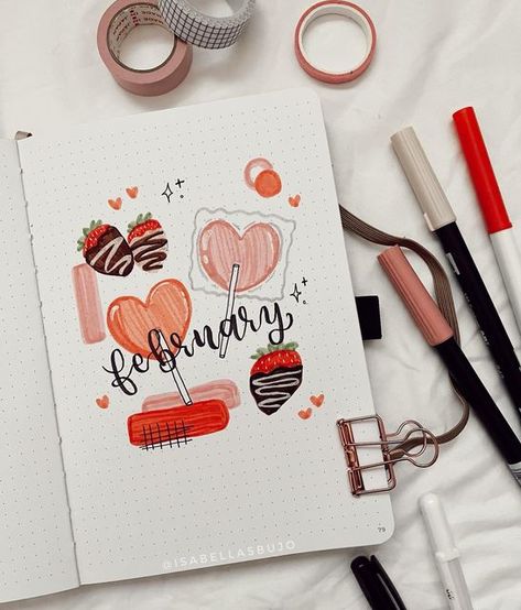 February Journal Cover Page, February Reading Journal, February Bujo Theme, February Planner Ideas, February Journal Ideas, Strawberry Bullet Journal, February Bujo Cover, Books Ive Read, February Bullet Journal Cover