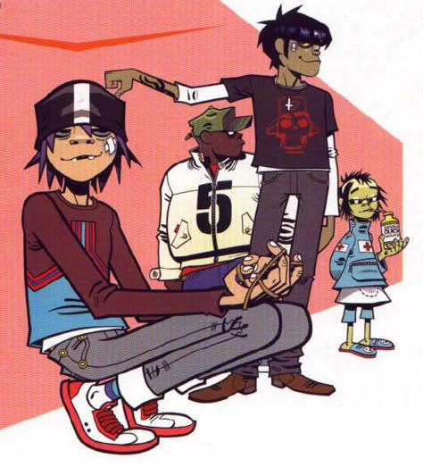 Gorillaz 2-D murdoc Russell and noodle Jamie Hewlett Art, Cartoons Band, Gorillaz Fan Art, Russel Hobbs, Demon Days, Monkeys Band, Jamie Hewlett, Gorillaz Art, Damon Albarn