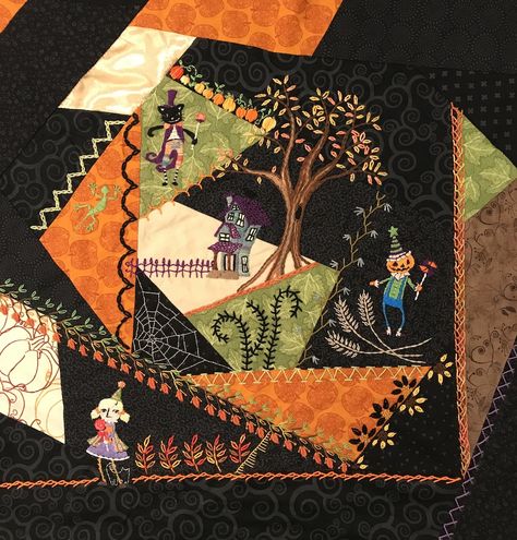 Halloween Crazy Quilt Crazy Quilts For Beginners How To Make, Halloween Slow Stitching, Vintage Halloween Quilt, Halloween Crazy Quilt, Crazy Quilts Ideas, Halloween Embroidery Patterns Free, Halloween Quilts Ideas, Halloween Quilt Blocks, Christmas Crazy Quilt