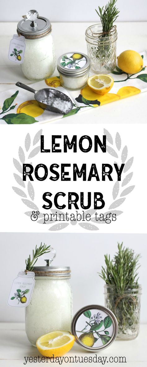 Lemon Scrub Recipe, Diy Gifts In A Jar, Salt Scrub Recipe, Bath Soak Recipe, Lemon Scrub, Christmas Mason Jars Diy, Mason Jar Tags, Jar Tags, Lemon Rosemary