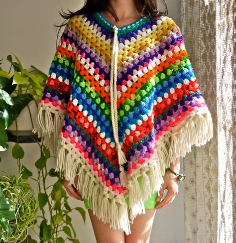 70’s Accessories Crochet, Rainbow Poncho, 70s Crochet Cardigan, 1970s Poncho, 70s Afghan, Vintage Crochet Poncho 1970s, Poncho Outfit, Poncho Patterns, Granny Stitch