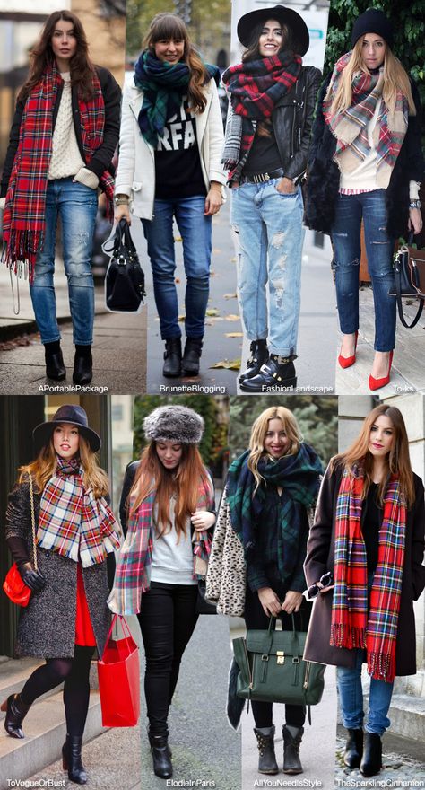 How to Wear your Tartan Scarf Scottish Fashion Woman, Mode Tartan, Scarf Outfits, How To Wear A Blanket Scarf, Cozy Winter Fashion, Look Jean, Walking Down The Street, Scottish Fashion, Scarf Outfit