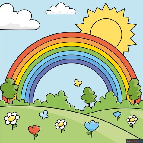 Learn How to Draw a Rainbow for Kids: Easy Step-by-Step Drawing Tutorial for Kids and Beginners. See the full tutorial at https://easydrawingguides.com/how-to-draw-a-rainbow-for-kids/ . Nature Drawing For Kids, Rainbow Drawing, Tree Drawings Pencil, Mountain Drawing, Rainbow Painting, Childrens Drawings, Butterfly Drawing, Drawing Tutorial Easy, Nature Drawing