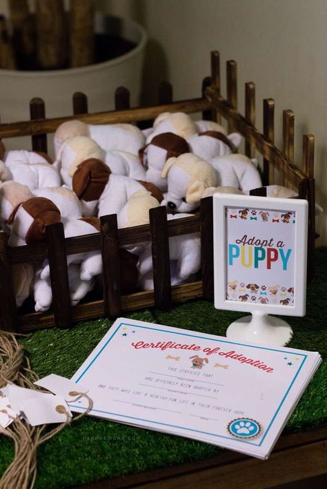 Let's Pawty, Puppy Birthday | CatchMyParty.com Free Printable Puppy Adoption Certificate, Pet Certificate Free Printable, Puppy Party Adoption Certificate Free, Puppy Adoption Certificate Printable, Dog Adoption Certificate Printable Free, Puppy Adoption Certificate, Puppy Party Ideas, Puppy Adoption Party, Dog Adoption Party