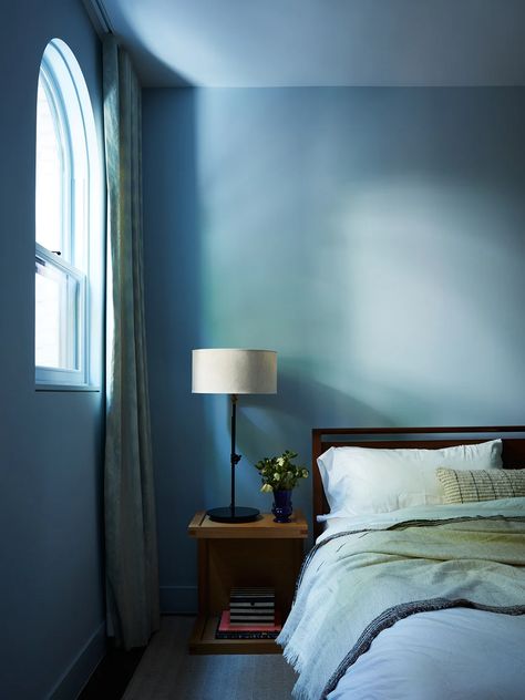 Once Upon a Time, This Sunny Brooklyn Heights Home Was a Stable Dreamy Blue Bedroom, Light Blue Ceiling Bedroom, Paint Small Room, Blue Wall Apartment, French Blue Bedroom Ideas, Blue Painted Room, Cozy Blue Bedroom, Light Blue Room, London House Interior