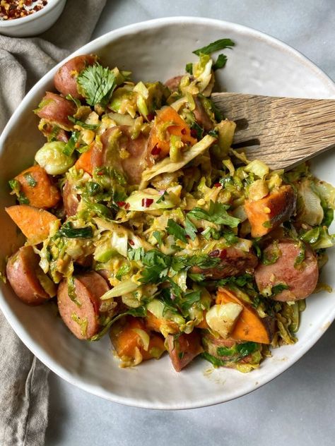 Honey Mustard Sweet Potato and Chicken Sausage One Pan Meal - onebalancedlife.com Sausage One Pan, Sweet Potatoes Brussel Sprouts, Potatoes Brussel Sprouts, Sweet Potato And Chicken, One Pan Meal, Homemade Honey Mustard, Chicken Apple Sausage, Sauteed Veggies, One Pan Meals