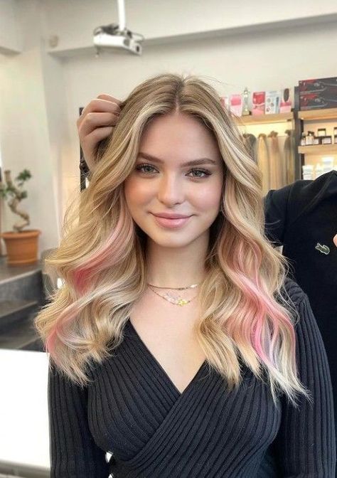 Subtle Pink Streaks In Hair, Blonde Hair With Color Ideas Dyes, Pink Peekaboos In Blonde Hair, Subtle Colorful Hair Blonde, Light Pink Underneath Hair Blonde, Blonde Hair With Pink Front Pieces, Blonde Hair With Accent Color, Blonde Hair With A Pink Streak, Pink Money Pieces Blonde Hair