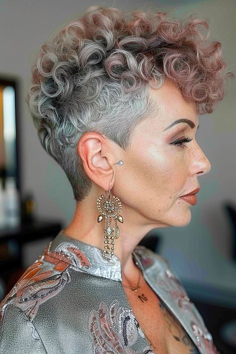 Short Hair Pixie Curly, Female Shaved Hairstyles, Short Wavy Pixie Haircut, Pixie Curly Haircut, Very Short Curly Hair Pixie, Short Hairstyles For Women Over 50, Wavy Undercut, Short Curly Pixie Cut, Pixie Cut Curly Hair