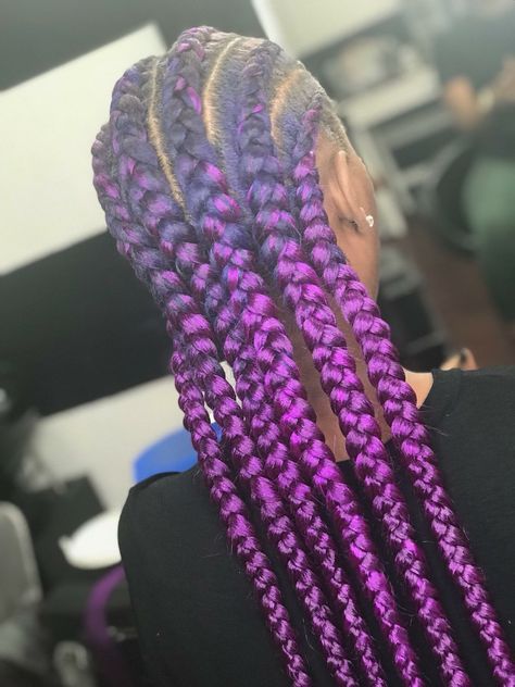 PURPLE feed in braids#brididit #purplehair #purplebraids Colorful Feed In Braids, Purple Cornrows Braids, Purple Feed In Braids, Purple Cornrows, Tree Braids Hairstyles, Feedin Braids, Two French Braids, Lemonade Braids Hairstyles, Feed In Braids