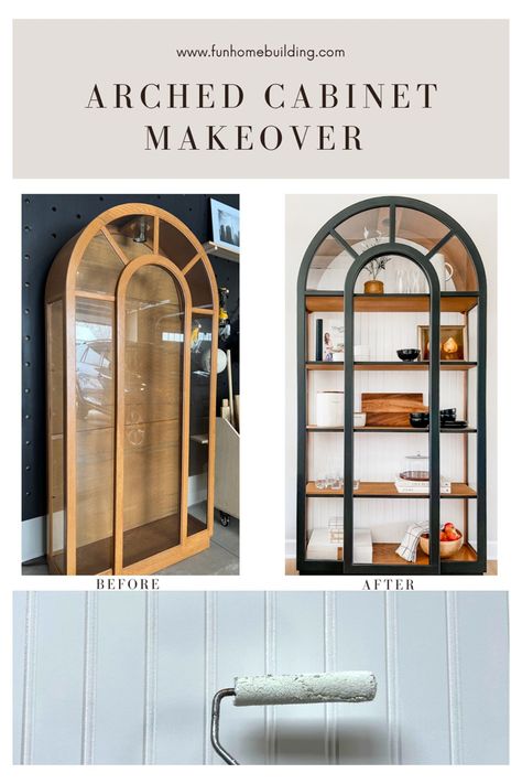 Wood display cabinet with a curved top Arched Curio Cabinet Makeover, Refinished Curio Cabinet, Black Curio Cabinet Makeover, Display Cabinet Makeover, Stained Wood Shelves, Black Arched Cabinet, Painted Curio Cabinets, Curio Cabinet Makeover, Bathroom 2023