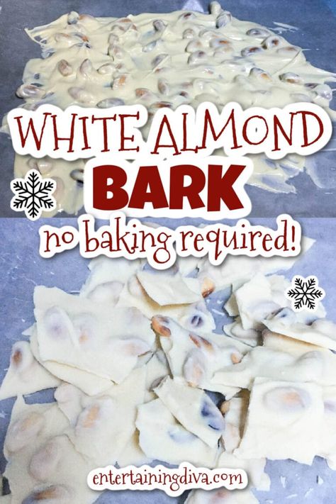 Made with white chocolate and almonds, this white almond bark recipe is soooo tasty! It only has 3 ingredients so it's also really fast and easy to make. The perfect sweet treat! White Chocolate Almond Fudge, White Chocolate Almond Bark Recipes, White Bark Candy, White Bark Recipes, White Party Foods Snacks, Melted White Chocolate Recipes, Candy Made With Almond Bark, Easy Almond Bark Recipes, What To Make With Almond Bark