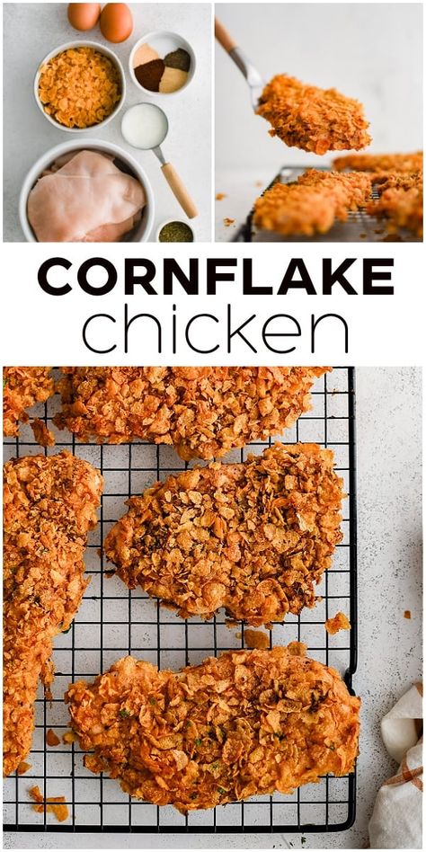 This recipe for Cornflake Chicken uses thinly sliced juicy chicken breasts coated in seasoned crunchy cornflakes and baked to crispy perfection. It's quick and easy to make and loved by the whole family! Different Chicken Recipes, Cornflake Chicken, Crusted Chicken Recipes, Chicken Breast Cutlet, Best Healthy Dinner Recipes, Baked Bbq Chicken, Honey Mustard Sauce, Chicken Cutlets, Breaded Chicken