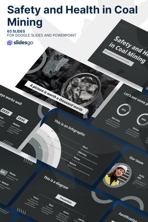 Safety and Health in Coal Mining Power Point Template, Coal Mining, Google Slides Themes, Dark Background, Presentation Template, Google Slides, Presentation Templates, Slides, Presentation